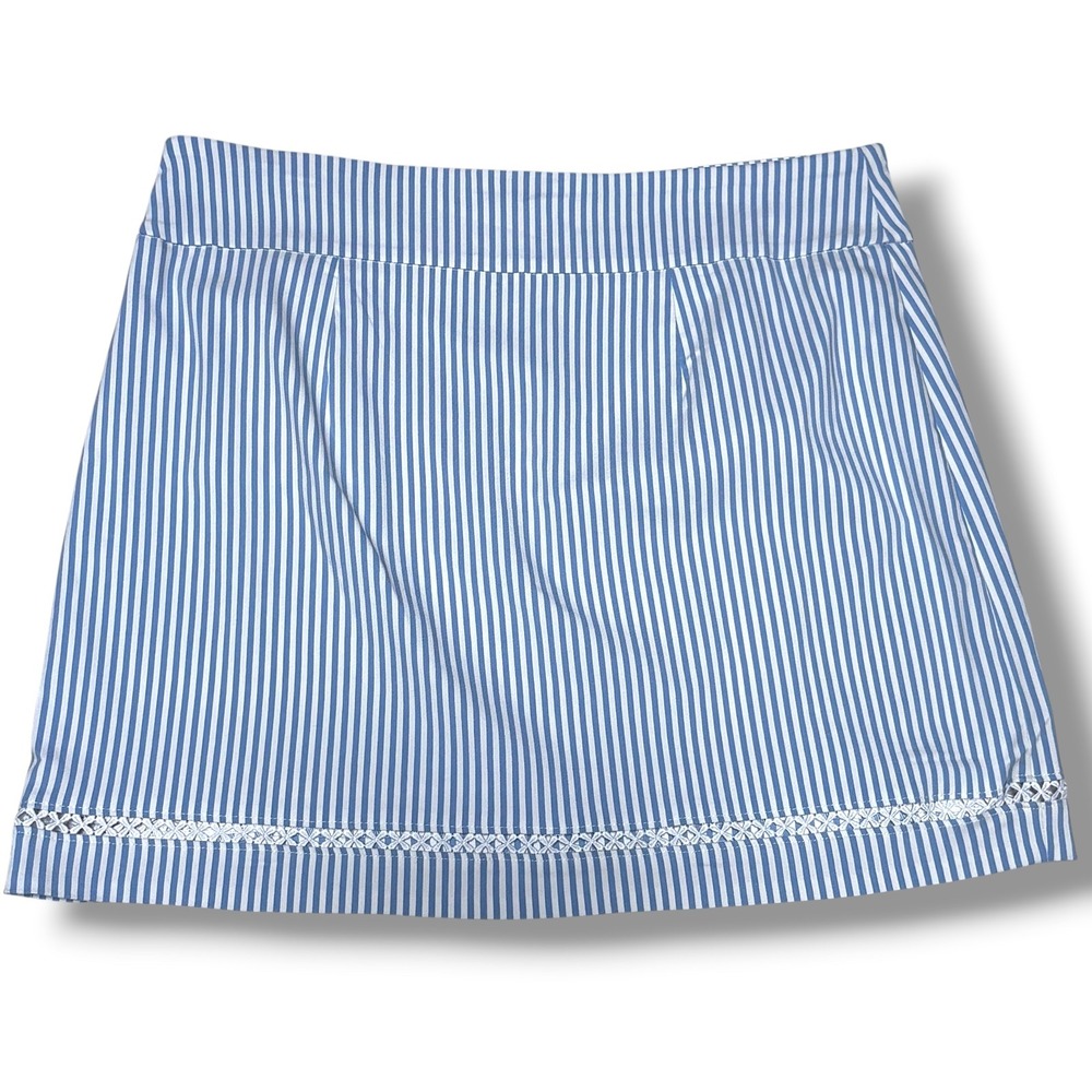 Crown & Ivy Blue White Striped Mini Skirt with Eyelet Lace Trim